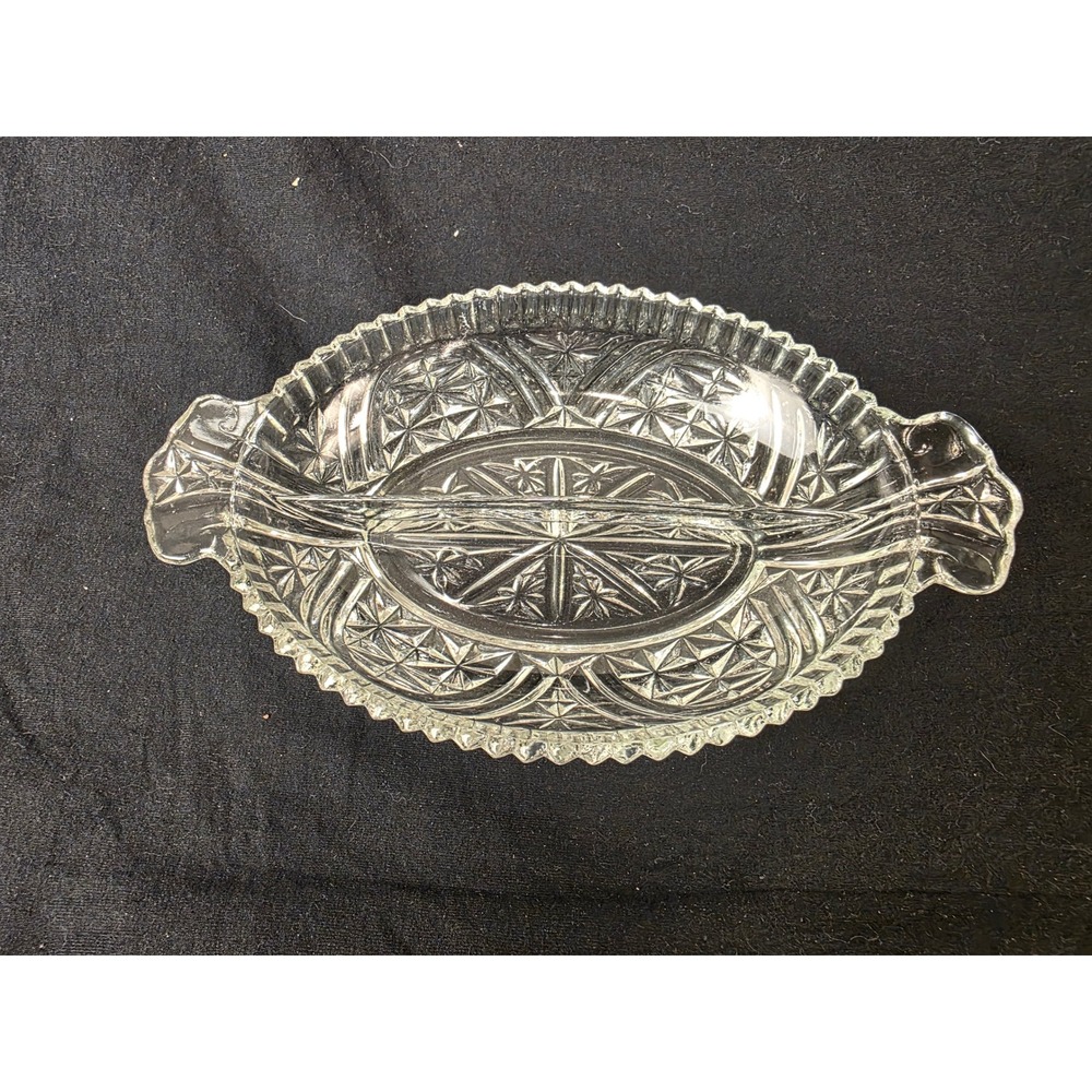 Vintage Clear Pressed Glass Divided Relish Dish Starburst Pattern Scalloped Edge